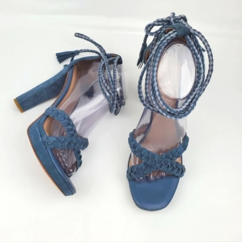 Joie blue leather lace up chunky heels sandals